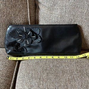 Cole Haan Black Genuine Leather 3D Floral/Flower Evening/Party/Christmas Clutch